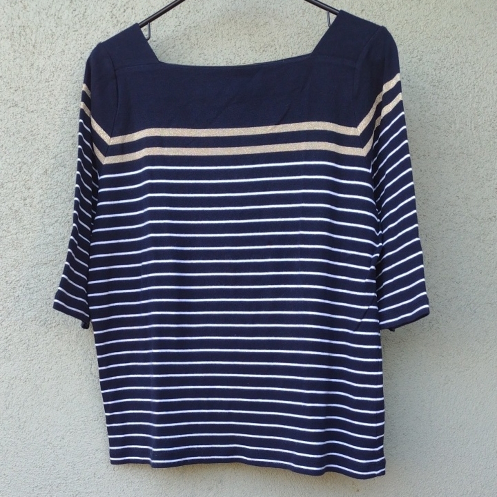 Chaps Navy White And Gold Striped 3/4 Sleeve Top Women's 1X